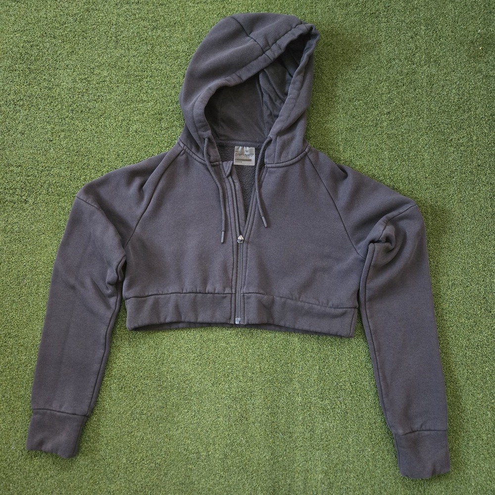 Gymshark Cropped Hoodie Womens Charcoal Gray Zip Up Sweatshirt Athleisure - Picture 3 of 10